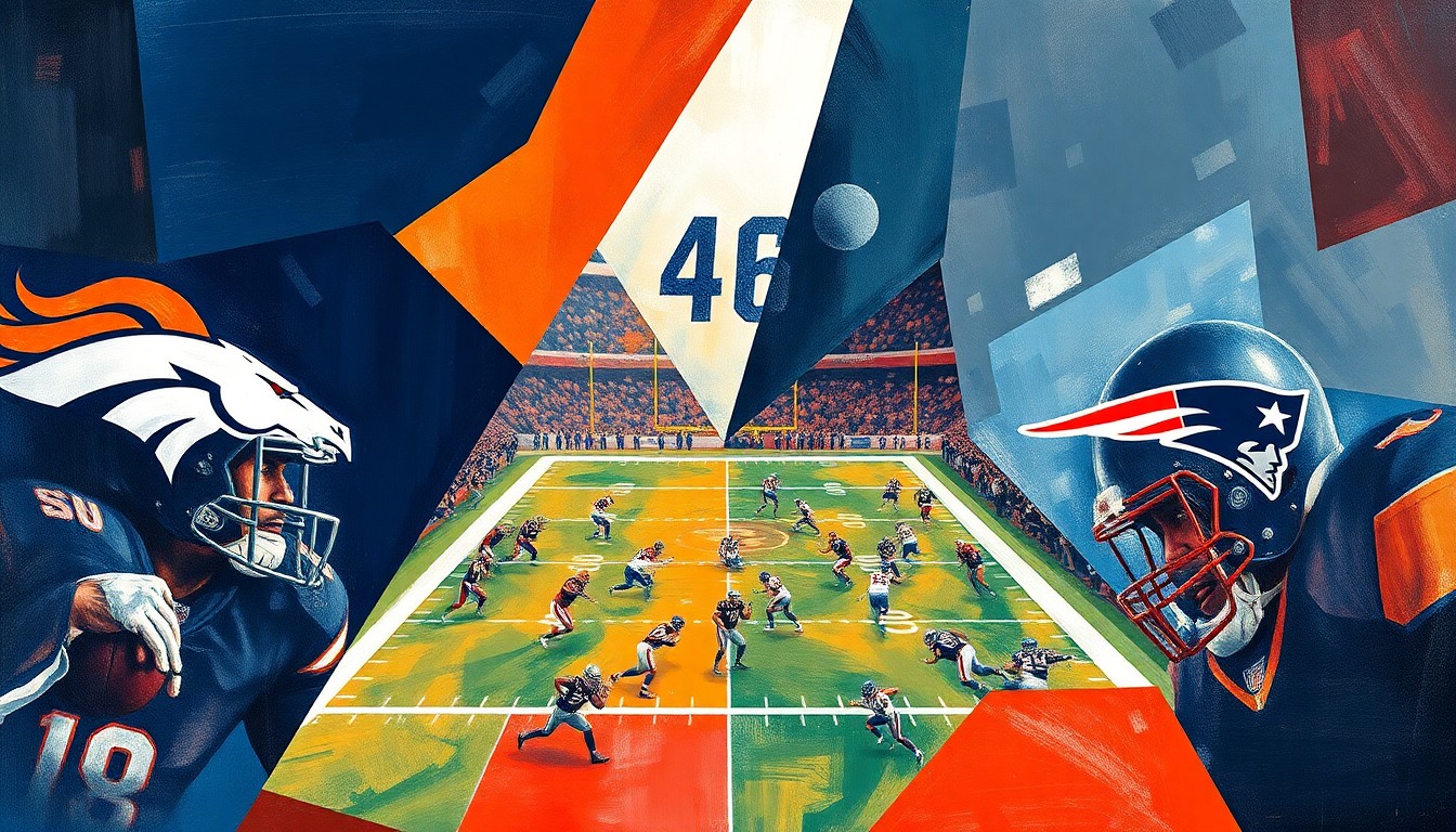 A fractured, multi-perspective painting in a cubist style, breaking down a football game into sharp, overlapping geometric planes in shades of blue, red, and green, capturing the intensity and strategy of the AFC Championship matchup.