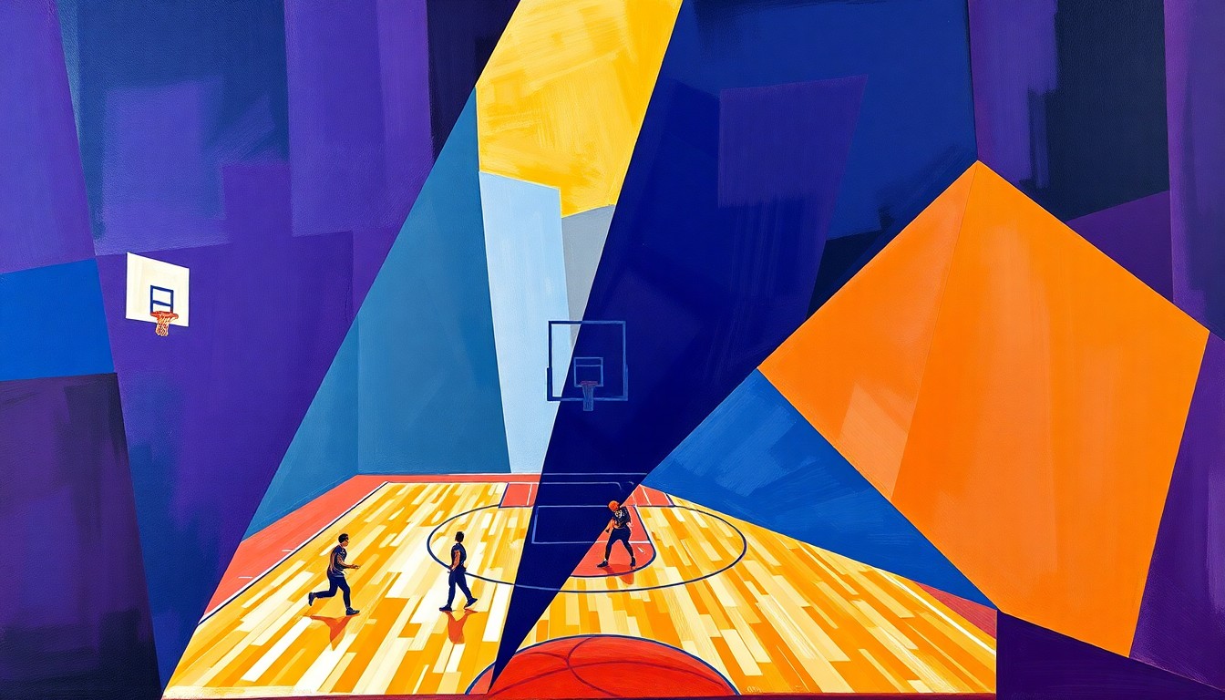A cubist, geometric painting depicting a fragmented basketball game, with sharp, overlapping shapes in deep purple, royal blue, and burnt orange tones, capturing the dynamic energy and uncertainty of the Kings' season.
