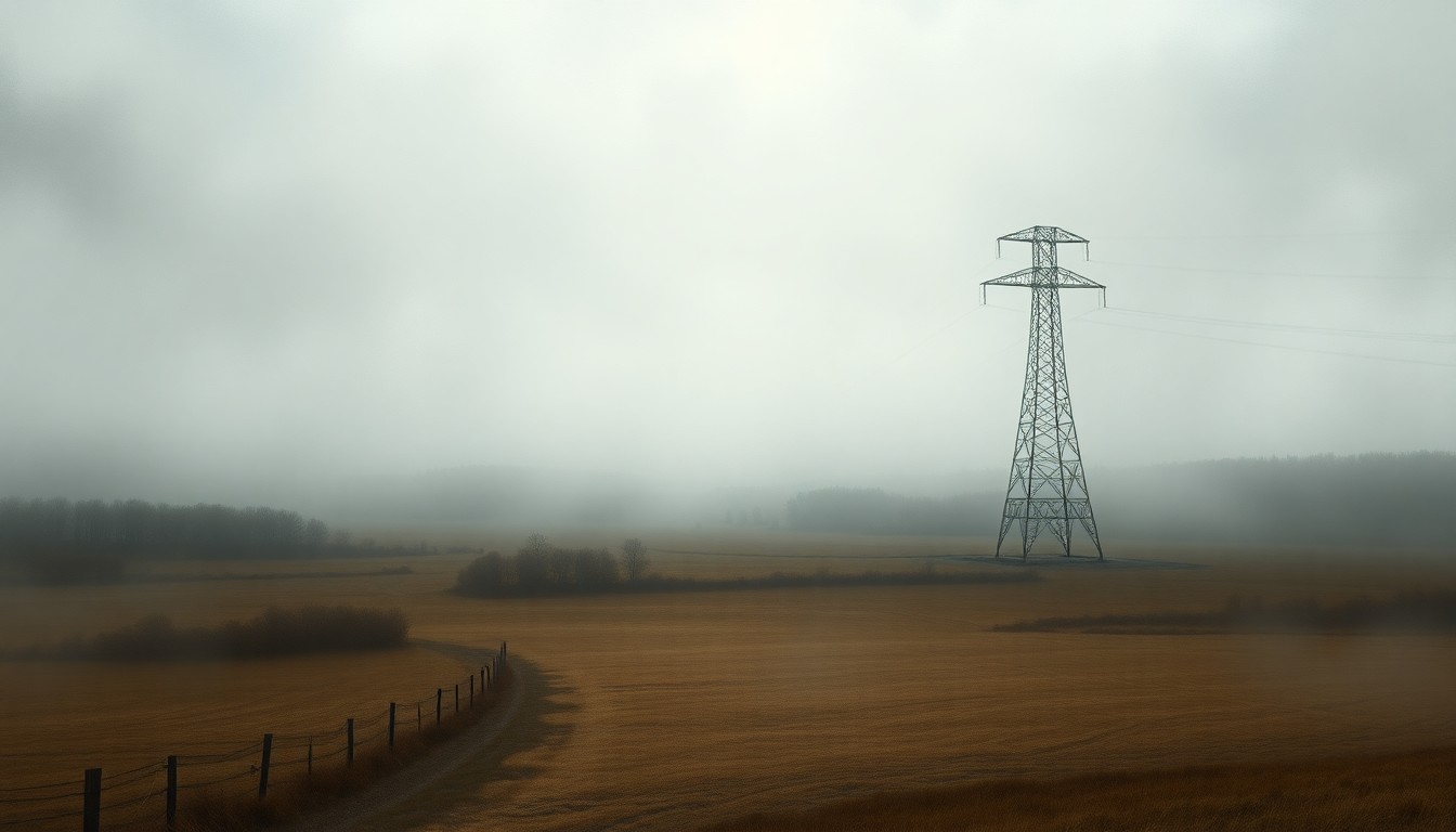 A vast, atmospheric landscape painting in muted tones of gray and blue, with a single power line tower standing tall against a hazy, fog-shrouded horizon, conveying a sense of the overwhelming scale of nature and the fragility of human-made structures.