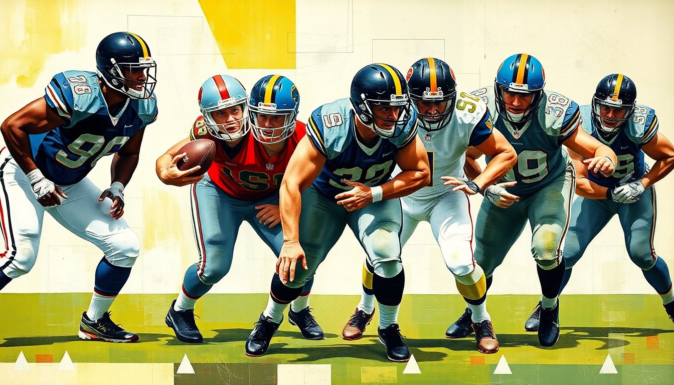 A cubist-style painting depicting a fragmented, geometric interpretation of a football offensive line, with the players' bodies and equipment broken down into abstract shapes and planes of color, conveying the conceptual idea of building a strong offensive line.