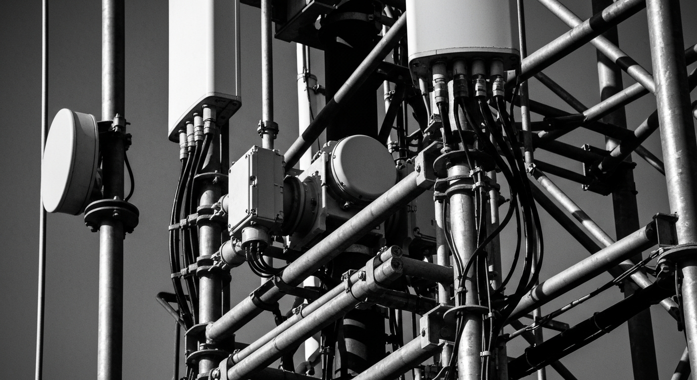 A high-contrast, close-up image of the intricate components and mechanics that make up a wireless communications tower, conveying the heavy-duty, industrial nature of the infrastructure that enables modern wireless connectivity.