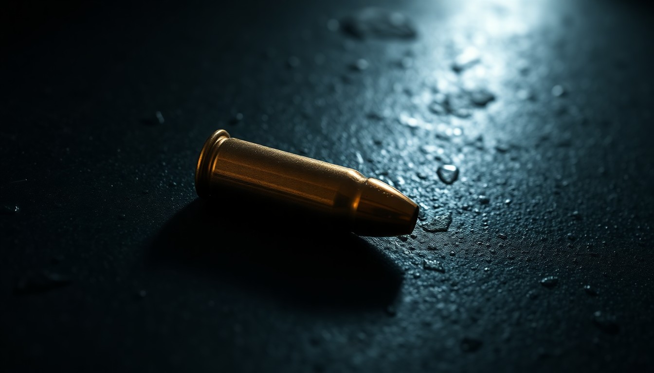 An extreme close-up photograph of a single spent bullet casing on a dark, textured surface, lit by a harsh, direct camera flash, conceptually representing the violence and aftermath of a school shooting incident.