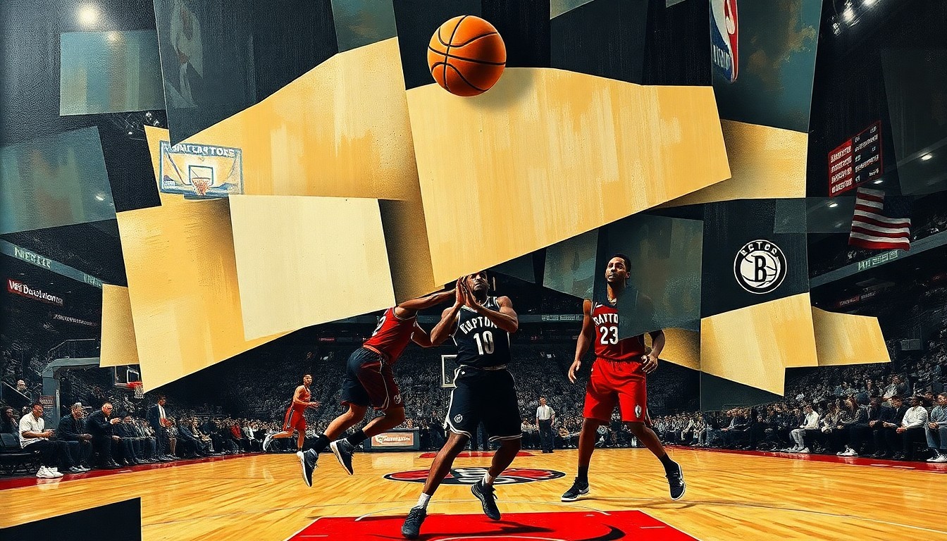 A cubist, geometric painting depicting an abstracted basketball game between the Toronto Raptors and Brooklyn Nets, with the players' forms fractured and overlapping, creating a sense of dynamic movement and energy on the court.