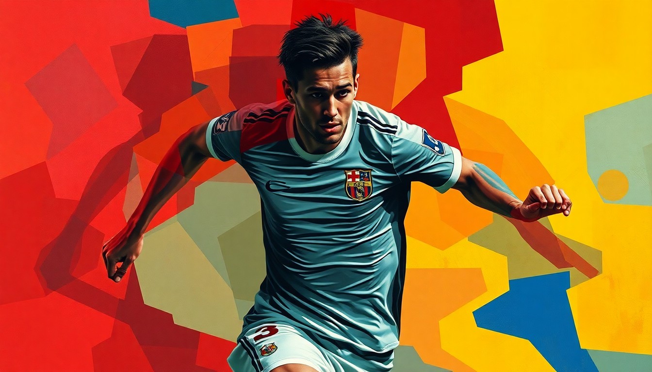 A dynamic, abstract painting of a football player in motion, their jersey and limbs repeated in overlapping, geometric waves of color, conceptually representing the political and cultural conflict surrounding the NFL.