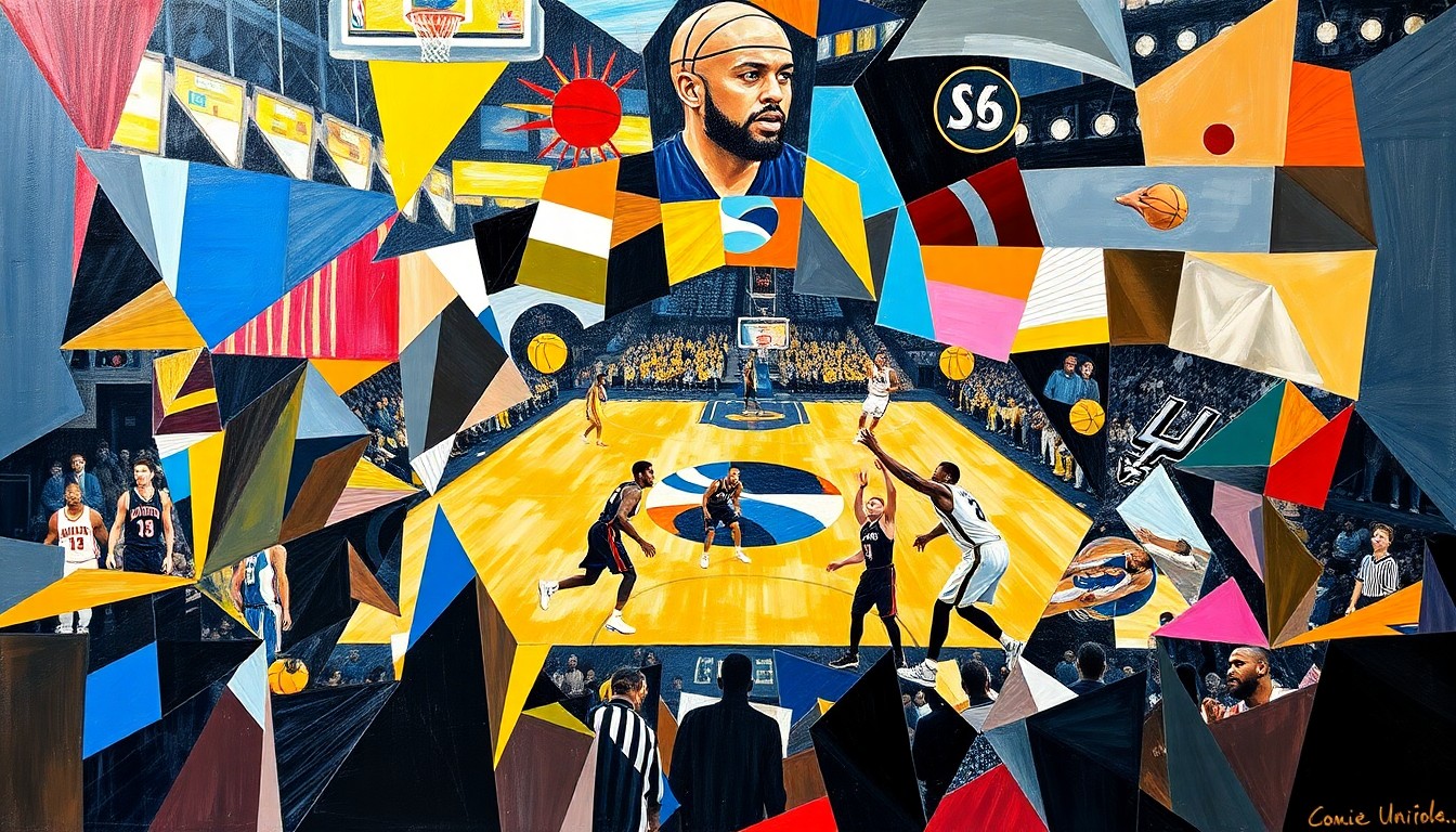 A cubist, geometric painting depicting an abstracted basketball game, with the players' forms broken down into sharp, overlapping shapes in a vibrant color palette.