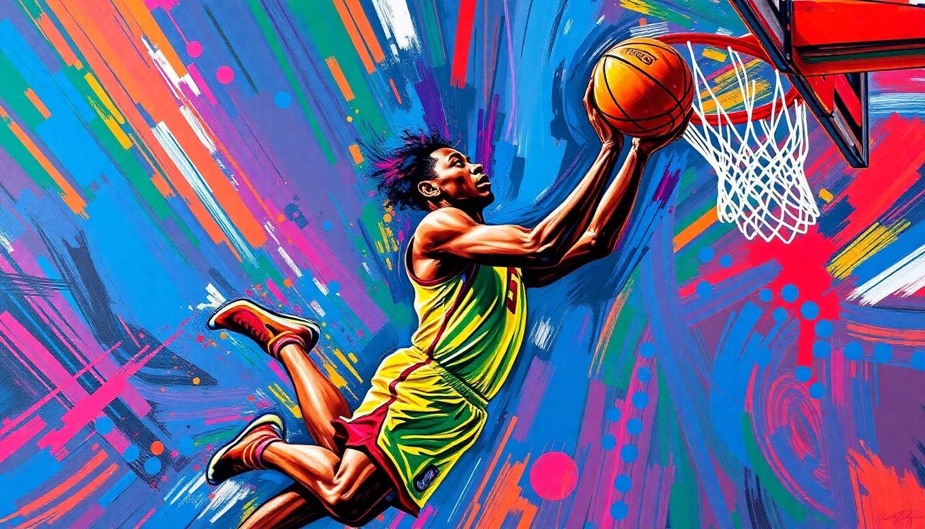 An abstract, neon-colored painting depicting the dynamic movements and energy of a basketball player driving to the hoop, with faces and details dissolved into unrecognizable splatters of paint.