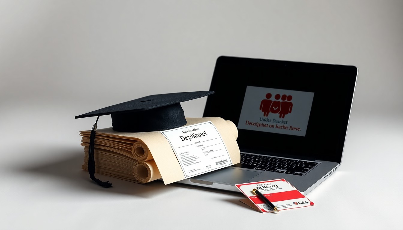 A minimalist studio still life photograph featuring a stack of college diplomas, a laptop, and a union membership card arranged elegantly on a clean, monochromatic background, symbolizing the evolving relationship between higher education and the labor market.