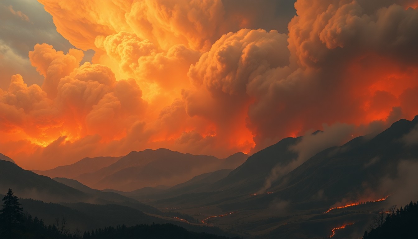A sweeping, atmospheric landscape painting in muted earth tones, with billowing plumes of smoke obscuring the horizon and casting an ominous glow over the scene, conveying the overwhelming power of a wildfire.