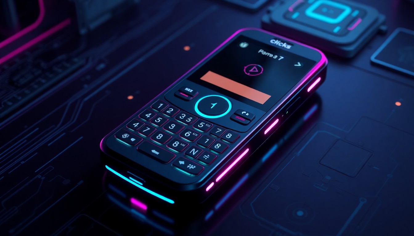 A highly detailed, glowing 3D illustration of a compact Android smartphone with a backlit physical keyboard, small OLED display, and neon cyan and magenta accents, set against a dark, futuristic background with hints of circuitry and digital infrastructure.