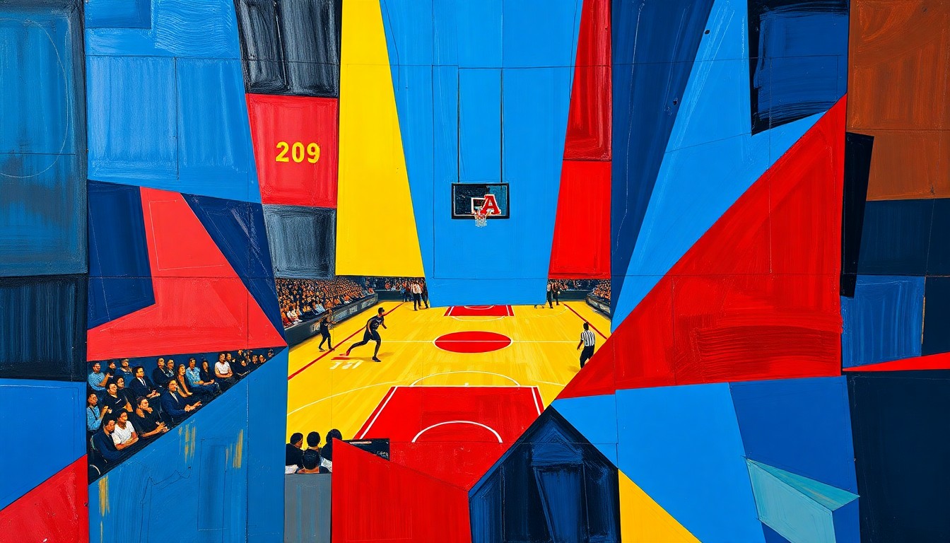 A fragmented, geometric painting in shades of blue, red, and yellow, conceptually representing the challenges of rebuilding a college basketball roster through the transfer portal.