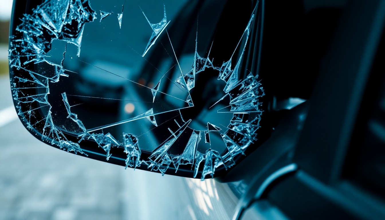 An extreme close-up photograph of a damaged car side mirror, the glass cracked and reflecting a distorted view of the surrounding environment, conceptually illustrating the violence of a vehicular attack.