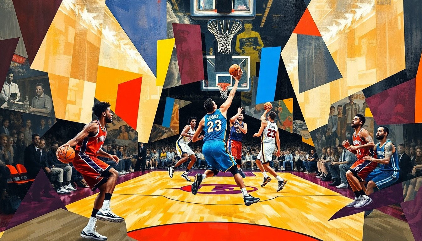 A fragmented, cubist-style painting depicting the dynamic action of a basketball game, with the players' movements and the energy of the court captured through sharp, overlapping geometric shapes and planes in a vibrant color palette.