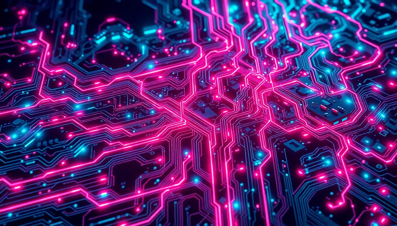 A highly detailed, glowing 3D illustration of a complex network of interconnected digital circuits and data streams, representing the underlying infrastructure of the global financial system. Pulsing neon cyan and magenta lights convey a sense of both power and vulnerability in the face of emerging AI threats.