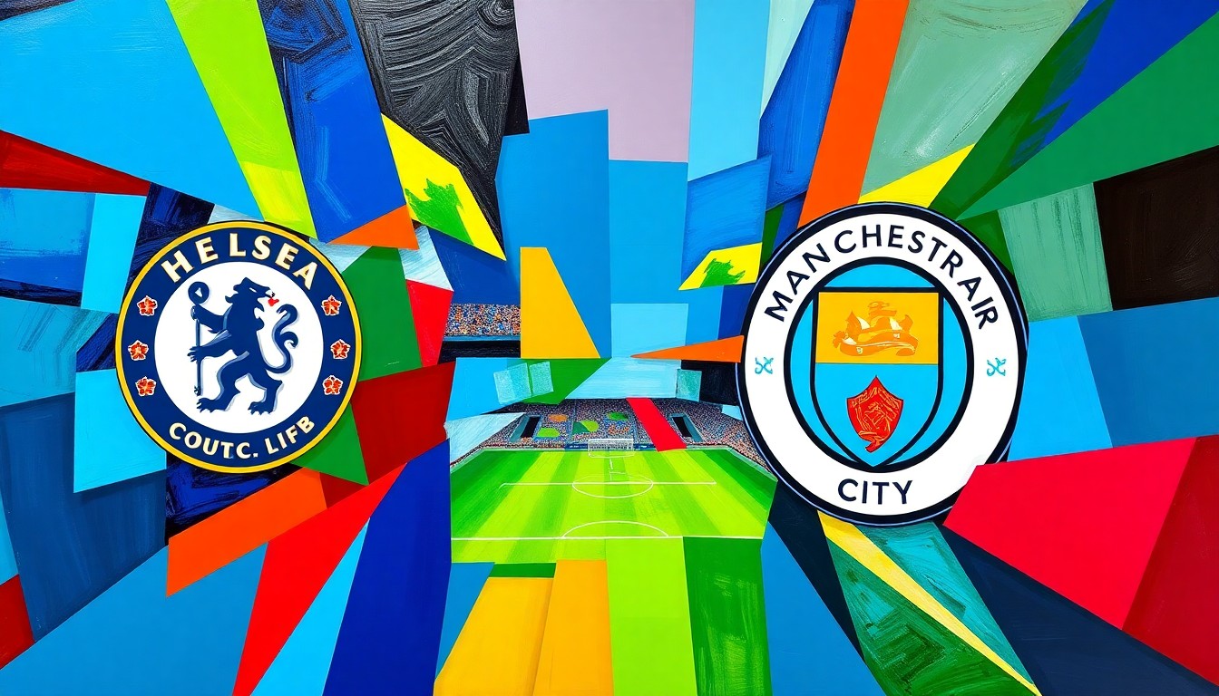 A fragmented, abstract painting depicting a Premier League soccer match between Chelsea and Manchester City, with sharp, overlapping shapes and planes in the teams' official colors.