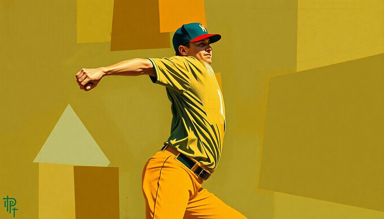 A cubist, geometric painting depicting the fractured, overlapping motion of a baseball pitcher, rendered in earthy tones of ochre, sienna, and olive green.