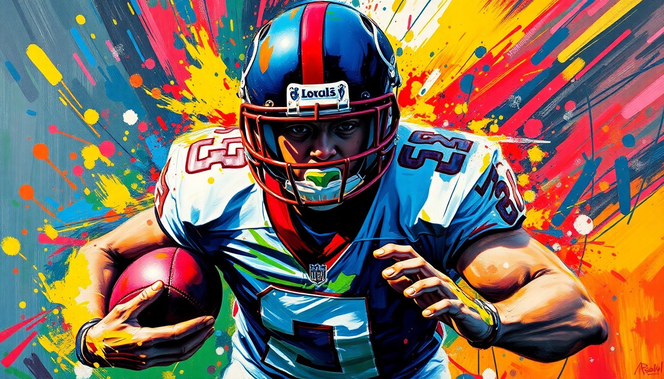 An abstract, expressionist painting in neon colors depicting the blurred, energetic motion of a football player, with their face and uniform details dissolving into unrecognizable paint splatters.