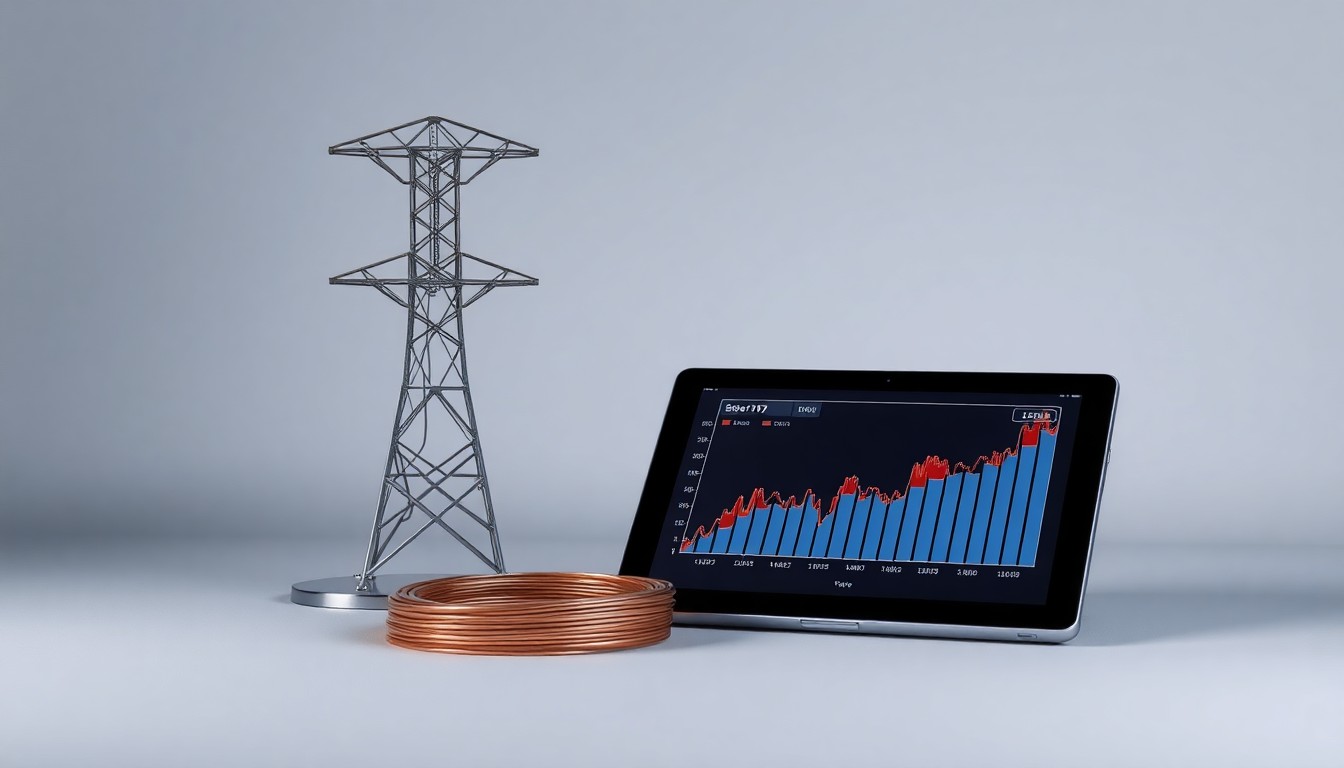 A photorealistic studio still life featuring a polished metal electrical transmission tower component, a coil of copper wire, and a sleek digital tablet displaying a graph of electricity prices, conceptually representing the corporate strategy and market forces at play in the dispute over competitive bidding for power grid projects.