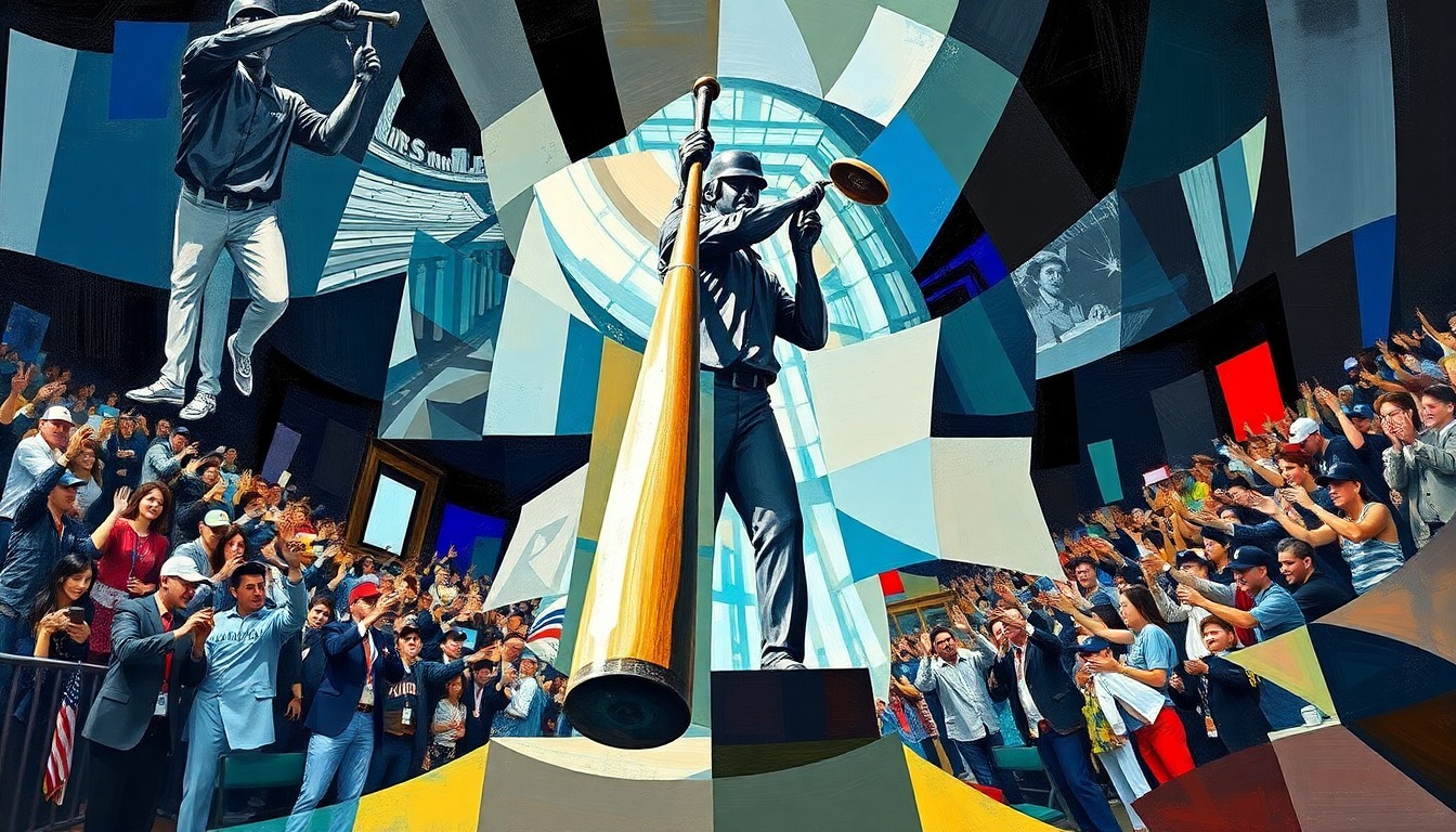A cubist, geometric painting depicting the broken bat of Ichiro Suzuki's statue, with the tilted figure and crowd's reaction fractured into overlapping planes of color and shape, conveying the unexpected and human nature of the unveiling incident.