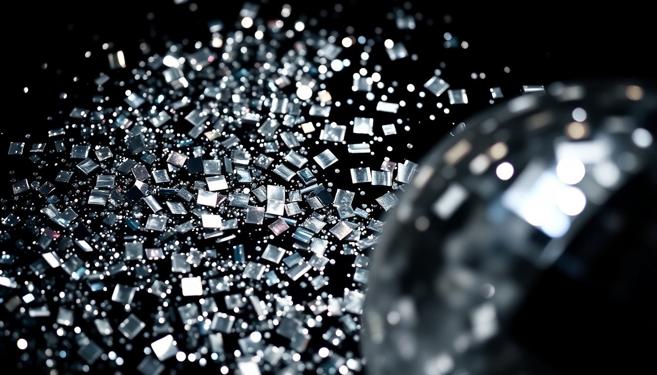An extreme close-up of shimmering, high-contrast sequins and shards of reflective glass, capturing the glitz and glamour of celebrity culture in an abstract, textural composition.
