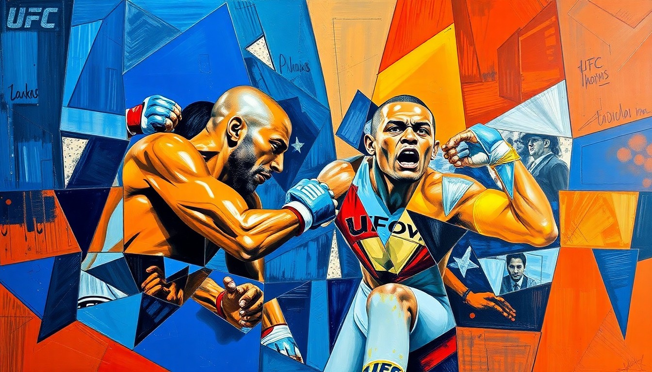 A fragmented, geometric painting depicting the dynamic movements and power of a UFC light heavyweight fight, with sharp planes of color and overlapping perspectives conveying the intensity of the competition.