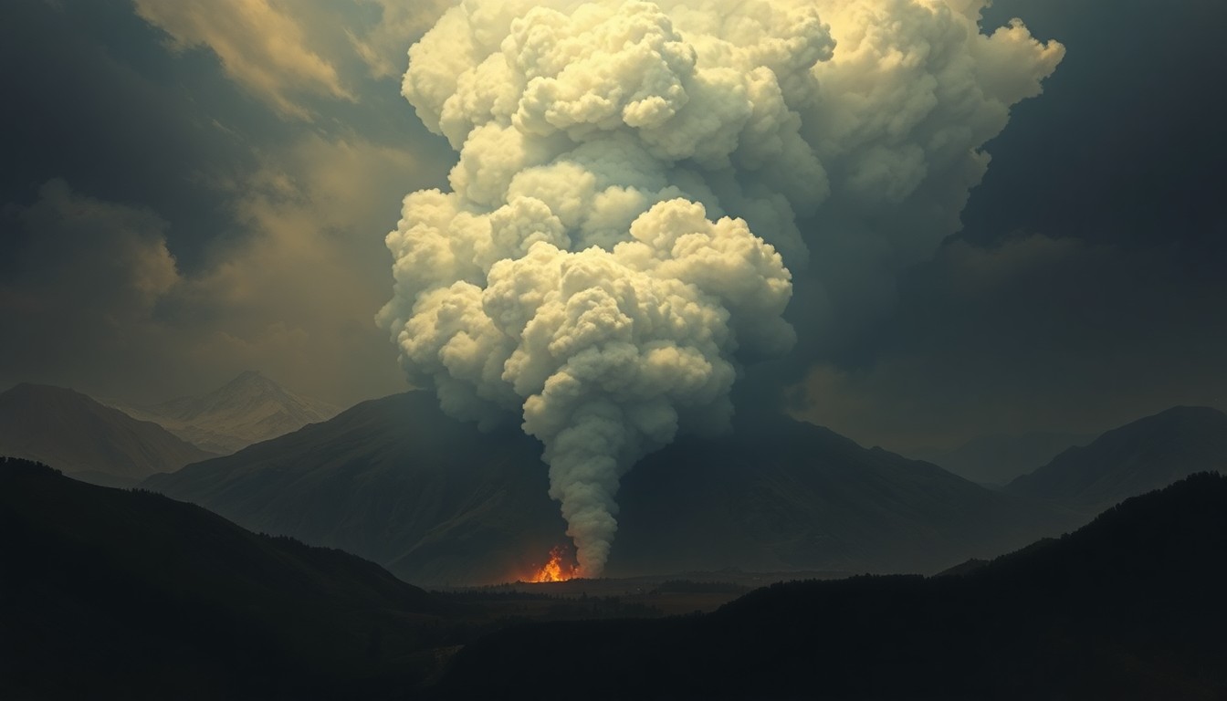 A vast, atmospheric landscape painting depicting a towering plume of smoke rising from a small, obscured fire in the distance, dwarfed by the overwhelming scale of the natural environment, conveying a sense of melancholic awe at the power of nature.
