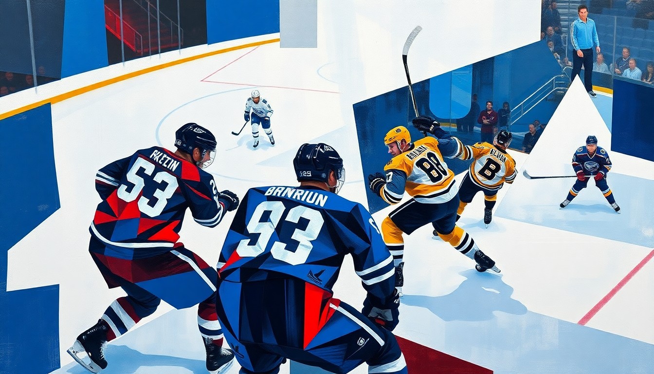 A fractured, multi-perspective painting depicting the hockey game between the Tampa Bay Lightning and Boston Bruins, with the players and ice represented as fragmented, angular forms in a vibrant color palette of blues, reds, and whites.