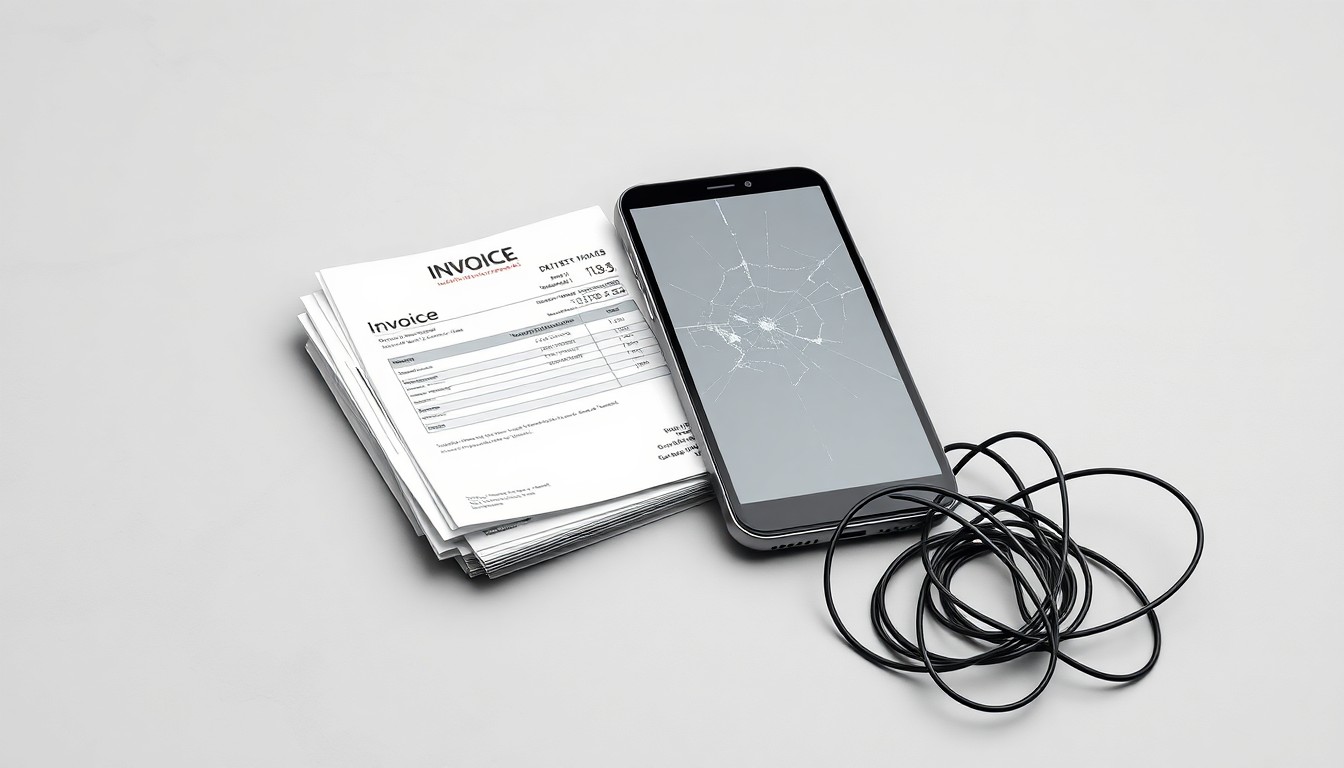 A photorealistic studio still life featuring a stack of shipping invoices, a cracked smartphone screen, and a tangle of wires, symbolizing the complexities and risks of double brokering in the transportation industry.