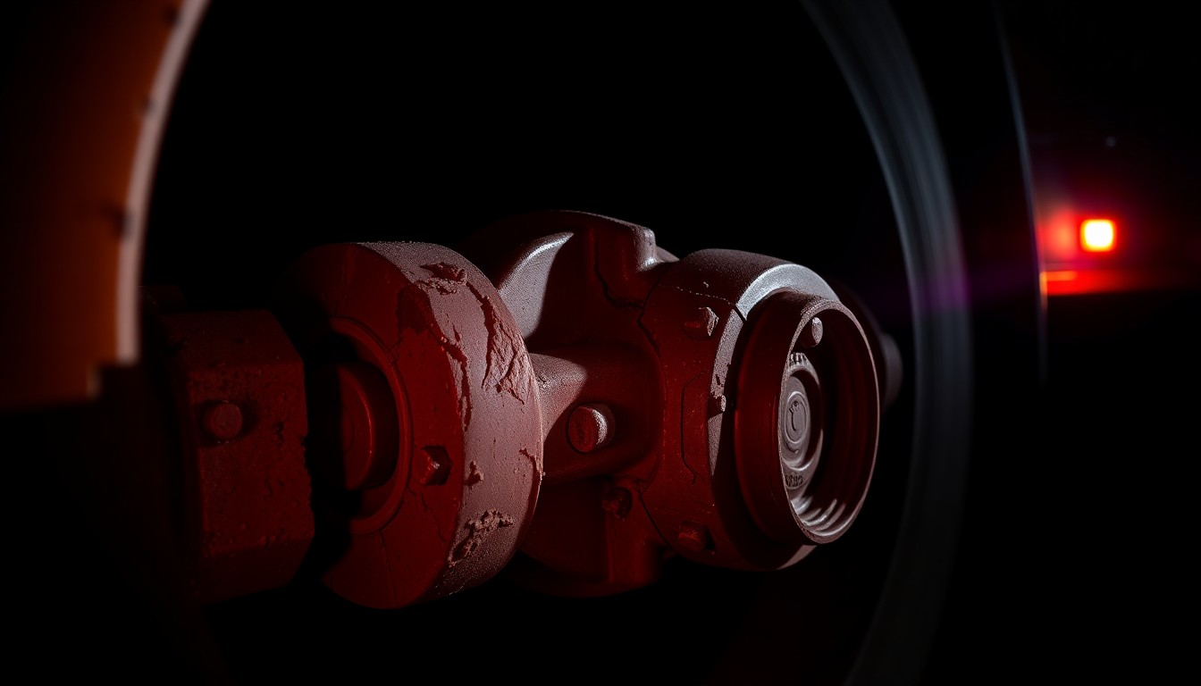 An extreme close-up photograph of a damaged fire truck axle or wheel hub, lit by a harsh, direct camera flash against a pitch-black background, conceptually illustrating the vandalism of public emergency vehicles.