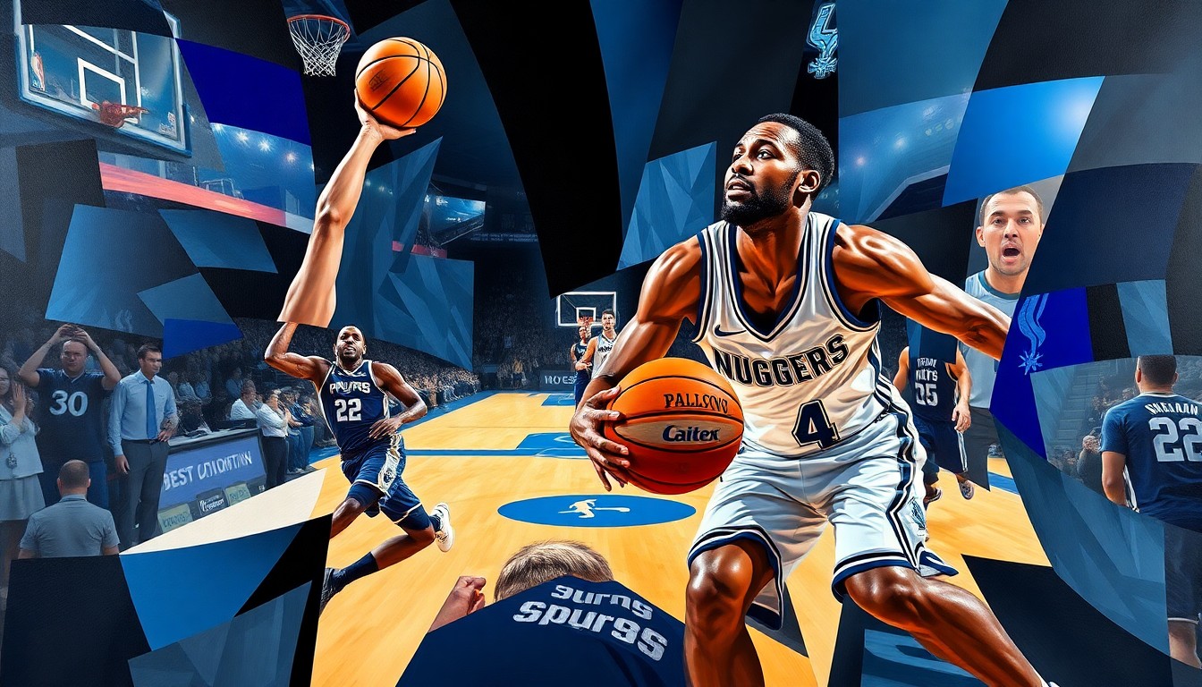 A fractured, multi-perspective painting in the style of Pablo Picasso, breaking down a basketball game into sharp, overlapping geometric planes. The painting captures the intensity and energy of the overtime showdown between the Denver Nuggets and San Antonio Spurs, with Nikola Jokic and Victor Wembanyama as the focal points.