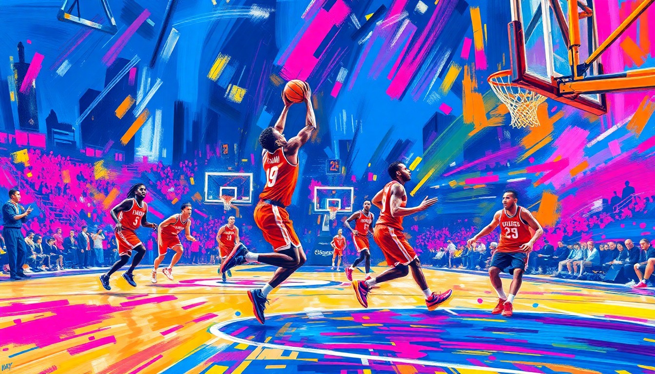 An abstract, energetic painting in vibrant neon colors with rapid, gestural brushstrokes, conveying the explosive athleticism and competitive spirit of a high-level basketball game.