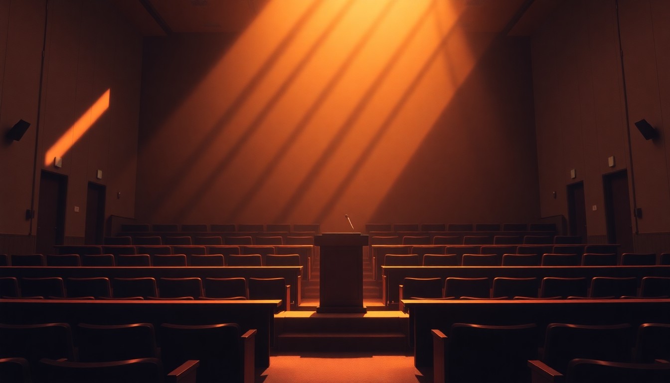 A serene, cinematic painting depicting a solitary university podium or lectern in a dimly lit auditorium, with warm sunlight casting dramatic shadows across the scene, conveying a sense of contemplation and the weight of the commencement speaker controversy.