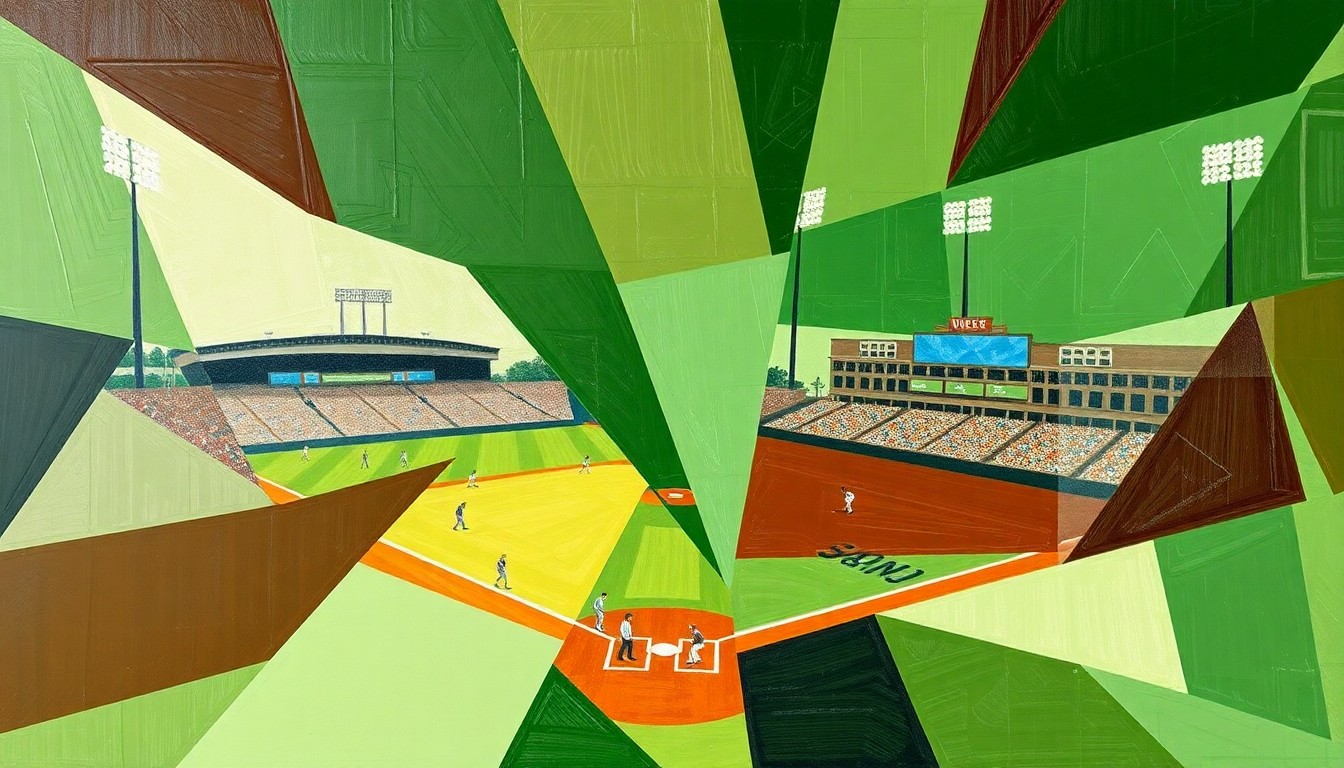 A fragmented, geometric painting depicting the motion and competition of a high school baseball game, with overlapping planes of green, brown, and white.