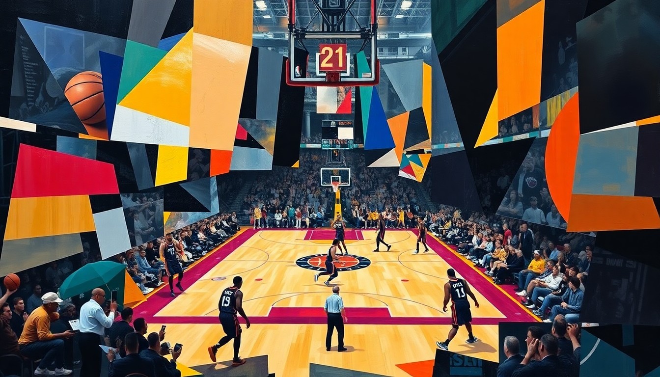 A fractured, multi-perspective painting in a cubist style, breaking down an NBA basketball game into sharp, overlapping geometric planes of color and abstract shapes, capturing the intensity and energy of the final day of the regular season.