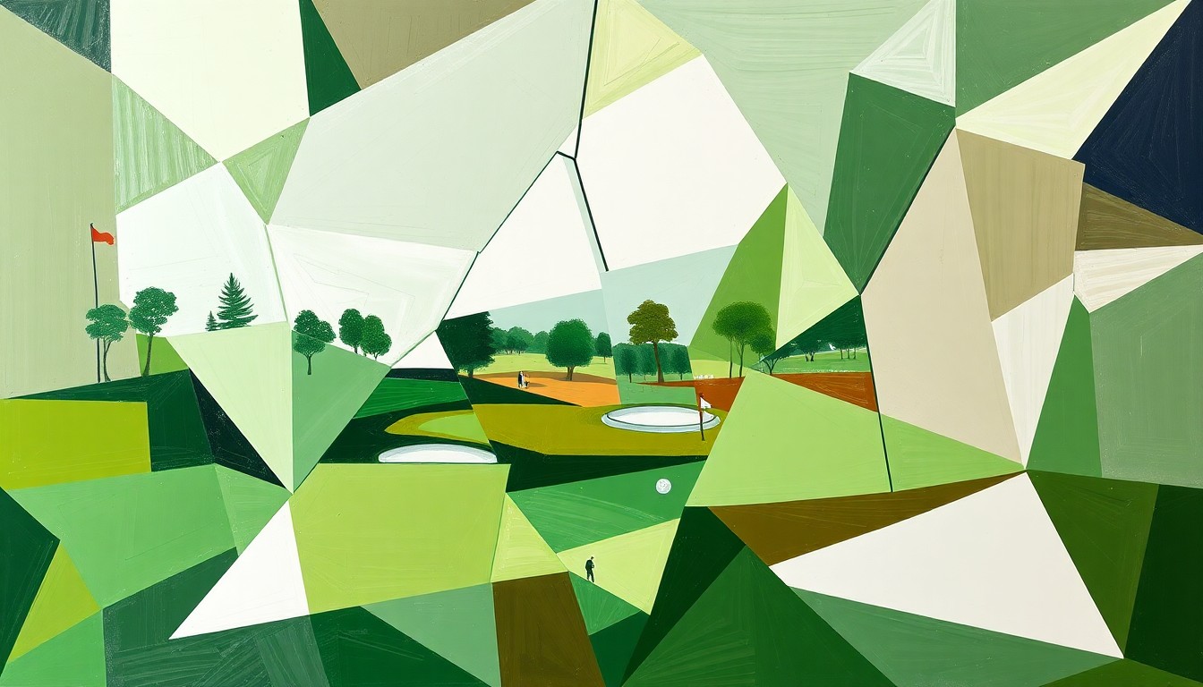 A cubist, geometric painting depicting a fragmented, multi-angled view of a women's golf tournament, with overlapping planes of green fairways, brown bunkers, and white golf balls.