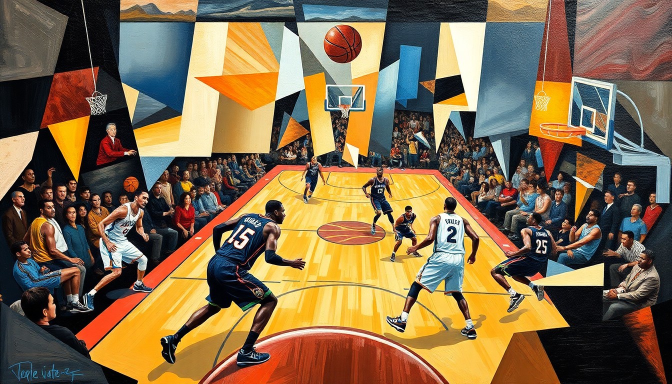 A cubist-style painting depicting a basketball game, with players' movements and the intensity of the game captured through sharp, overlapping geometric planes in vibrant colors, conveying the drama and excitement of the Pelicans' comeback victory.