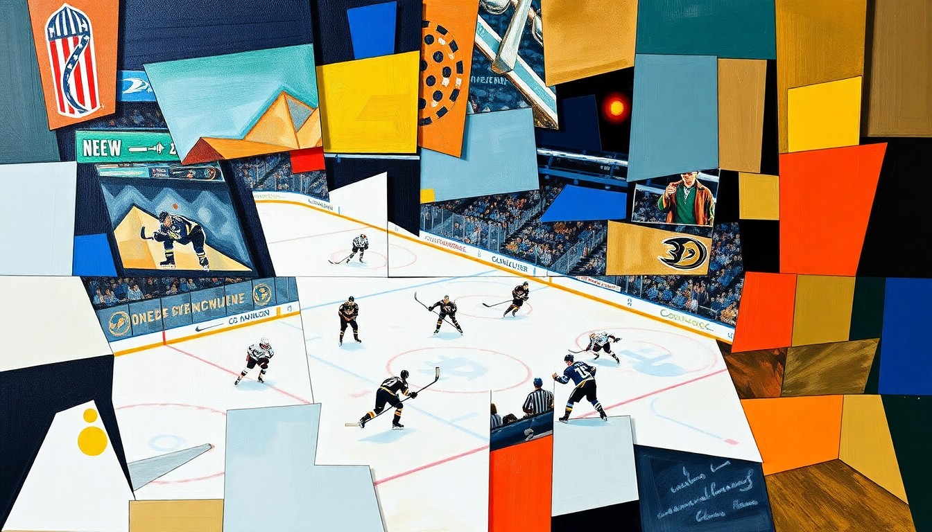 A fractured, cubist-style painting depicting the action of a hockey game, with players and the puck rendered in sharp, overlapping geometric shapes and planes of color.