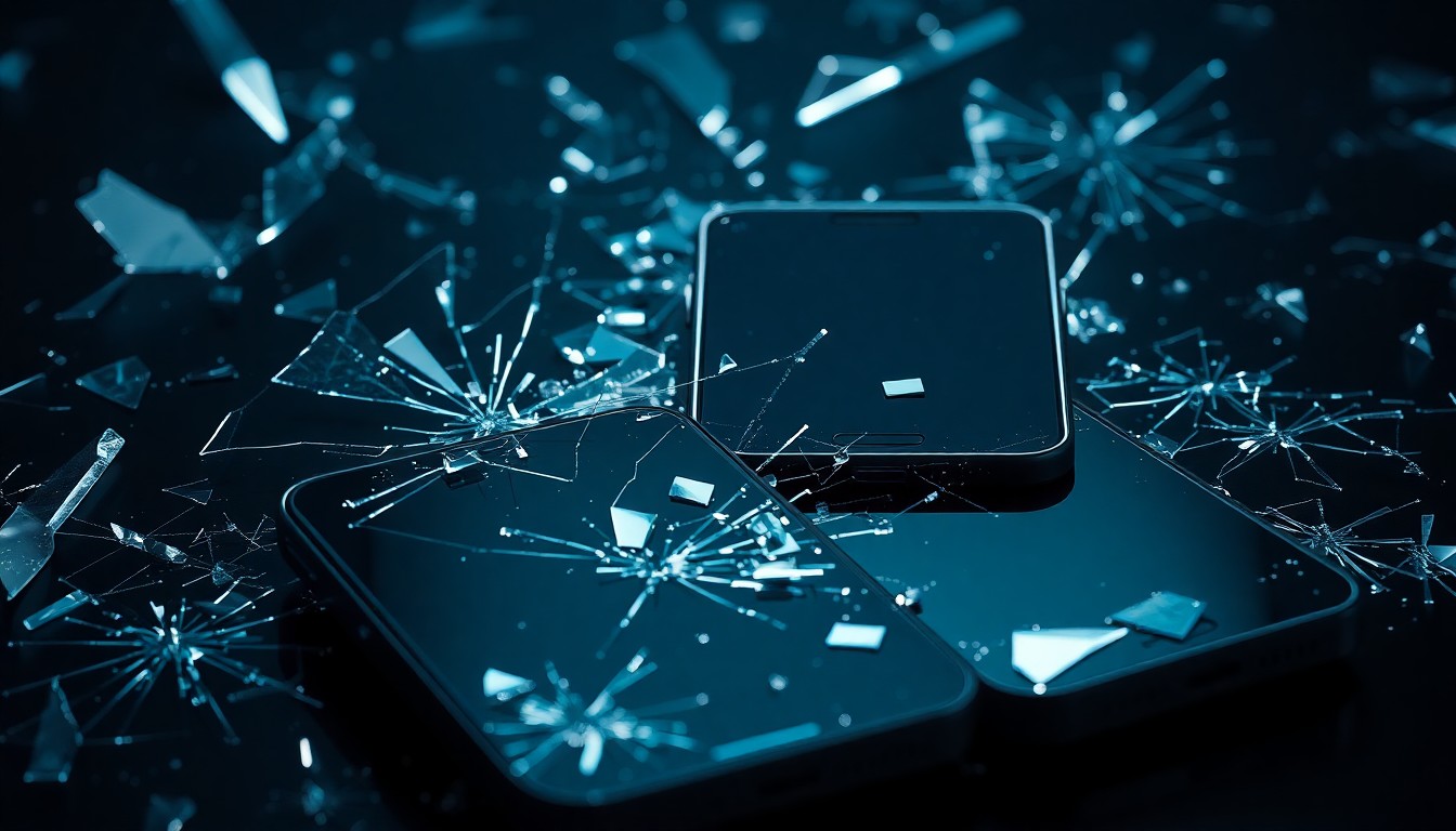 An extreme close-up of shattered glass and cracked smartphone screens in dramatic high-contrast studio lighting, conceptually representing the fragile and cutthroat nature of the tech industry.