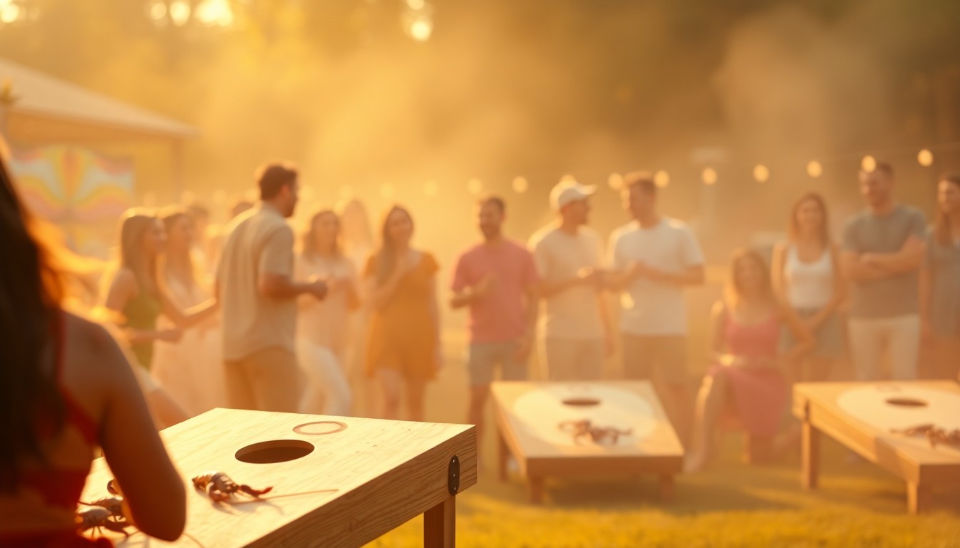 An abstract, impressionistic photograph in soft, warm tones depicting the blurred outlines of people enjoying an outdoor gathering, with hints of crawfish, cornhole, and other lifestyle elements.