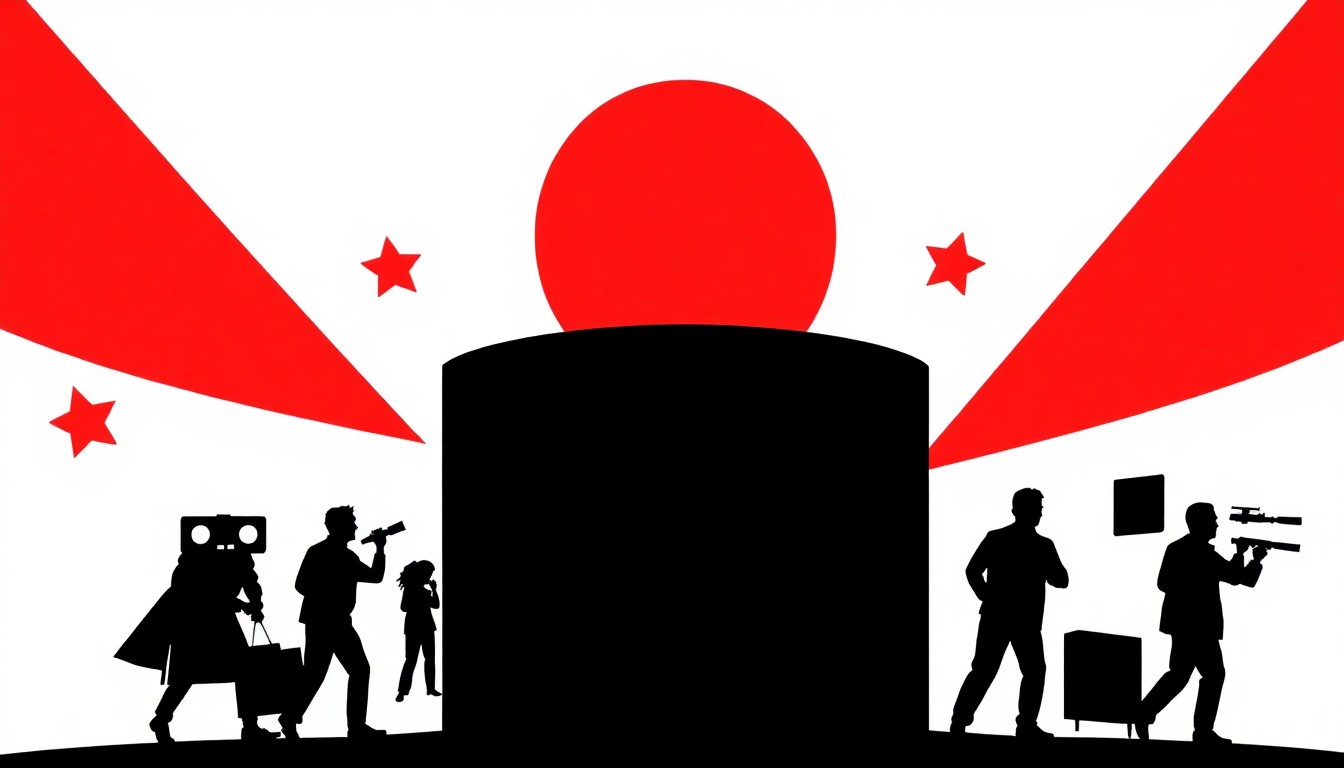 An abstract, minimalist illustration featuring bold, jagged shapes and stark silhouettes in high-contrast colors, conceptually representing the upheaval and uncertainty surrounding a major corporate shakeup in the entertainment industry.