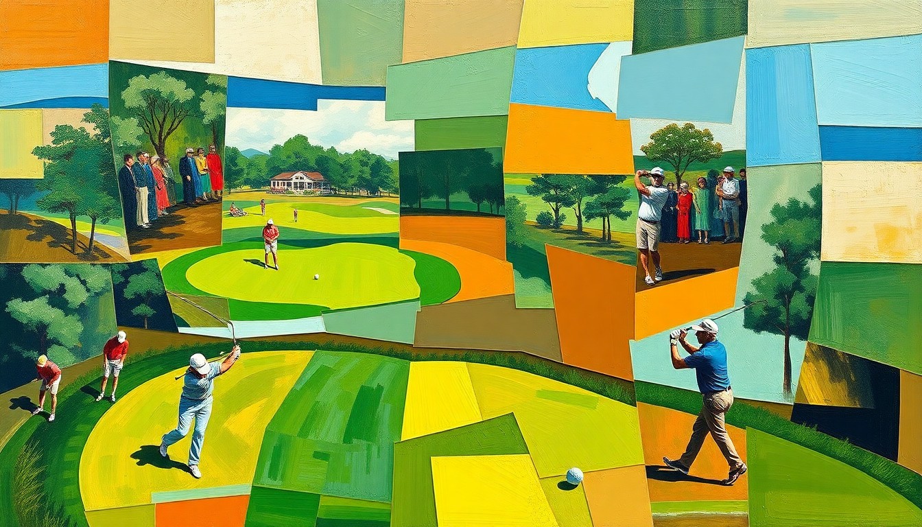 A fragmented, geometric painting depicting a golf tournament scene, with the players' movements and the ball's trajectory broken down into abstract shapes and planes in vibrant greens, browns, and blues.