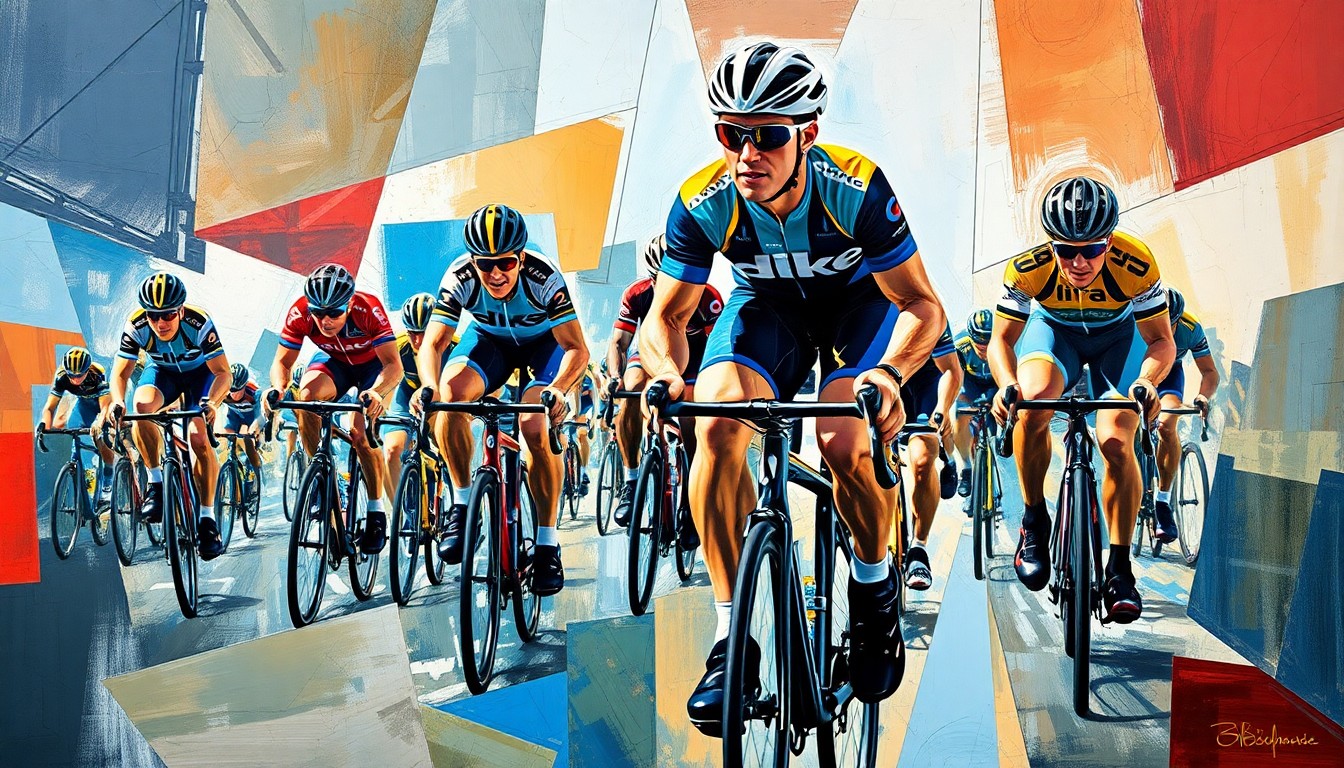 A fragmented, geometric painting depicting the iconic image of Lance Armstrong cycling, with sharp, overlapping planes of color and form representing the complexity and controversy surrounding his doping scandal.
