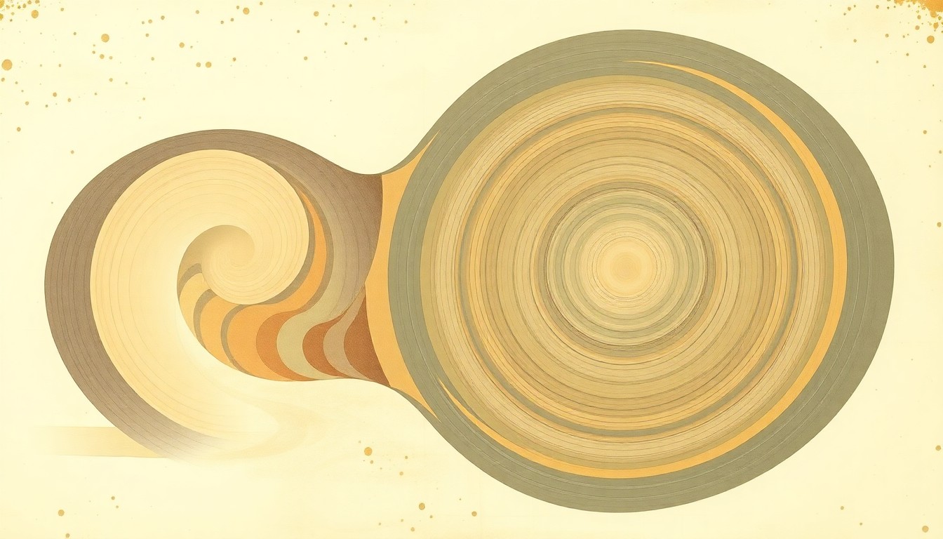 An abstract, highly structured painting in muted earth tones, featuring sweeping geometric arcs, concentric circles, and precise geological spirals, conceptually representing the unseen tectonic forces and hidden fault lines beneath the Mendocino triple junction region.