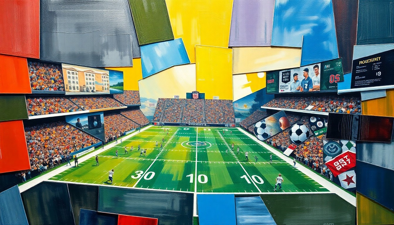 A cubist-style painting depicting a fragmented, multi-angled view of a football game or match, with players and field elements broken down into sharp geometric shapes and planes of color.