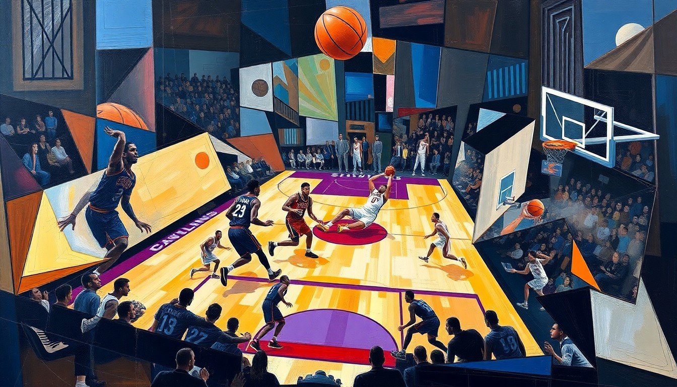 A fractured, multi-perspective painting in a cubist style, breaking down a basketball game into sharp, overlapping geometric planes and capturing the raw intensity of the players' movements on the court.