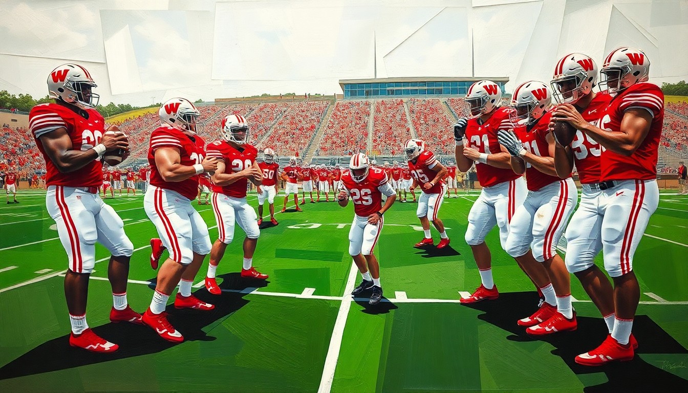 A cubist-style painting depicting a fragmented, geometric representation of a Wisconsin football practice, with abstracted player and coach figures in the school's red and white colors.