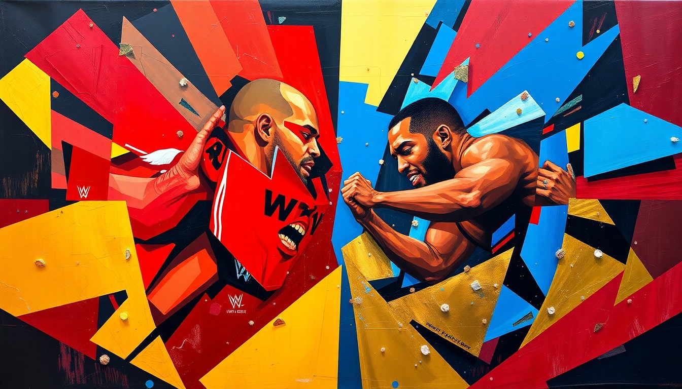 A fractured, geometric painting in vibrant colors depicting the intense match between former best friends Trick Williams and Carmelo Hayes, conceptually representing the breakdown of their partnership.