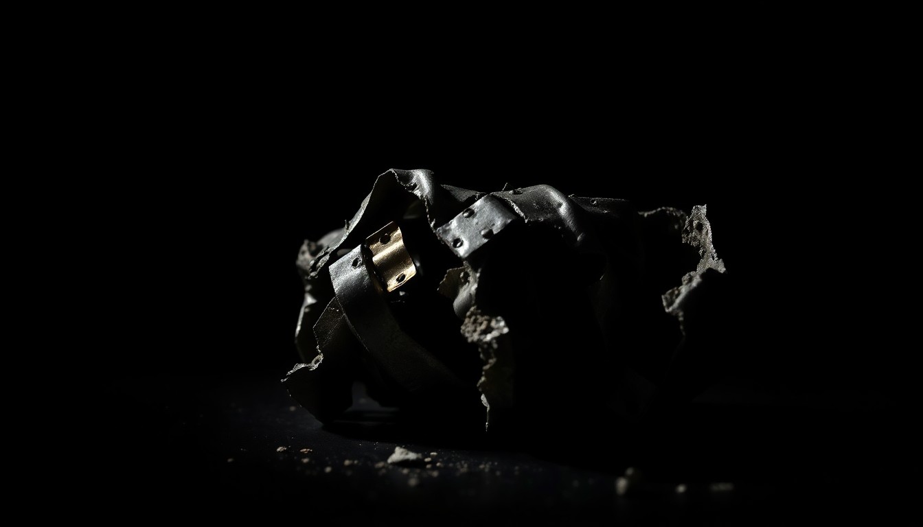 An extreme close-up photograph of a crumpled, twisted piece of metal construction debris, capturing the stark, gritty, and investigative nature of the incident.