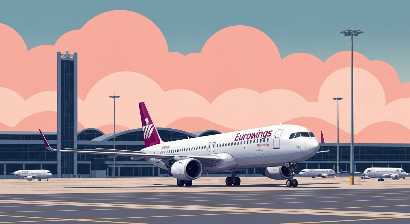 A bold, geometric illustration in the Art Deco style depicting the dramatic seizure of a Eurowings aircraft at Manchester Airport, with the plane and airport architecture rendered in sweeping, smooth gradients and streamlined forms without any text or identifiable elements.