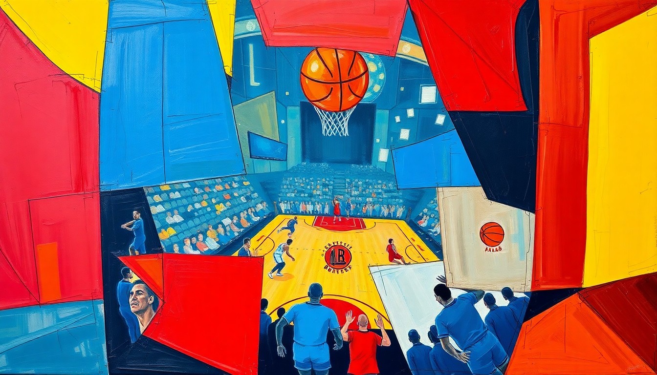 A cubist, geometric painting depicting an NBA basketball game in motion, with sharp, overlapping planes of color representing the players and action on the court.