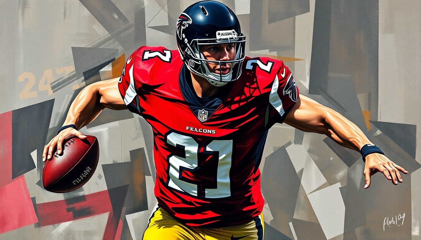 A fragmented, cubist-style painting depicting a football player in action, with sharp geometric shapes and planes in the team colors of red and black, representing the Atlanta Falcons.